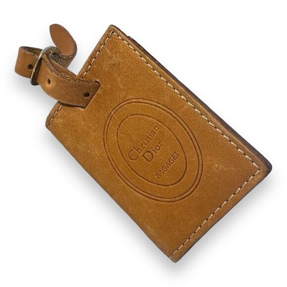 CHRISTIAN DIOR Vintage Tan Leather Luggage Tag 2x3” - Picture 8 of 13